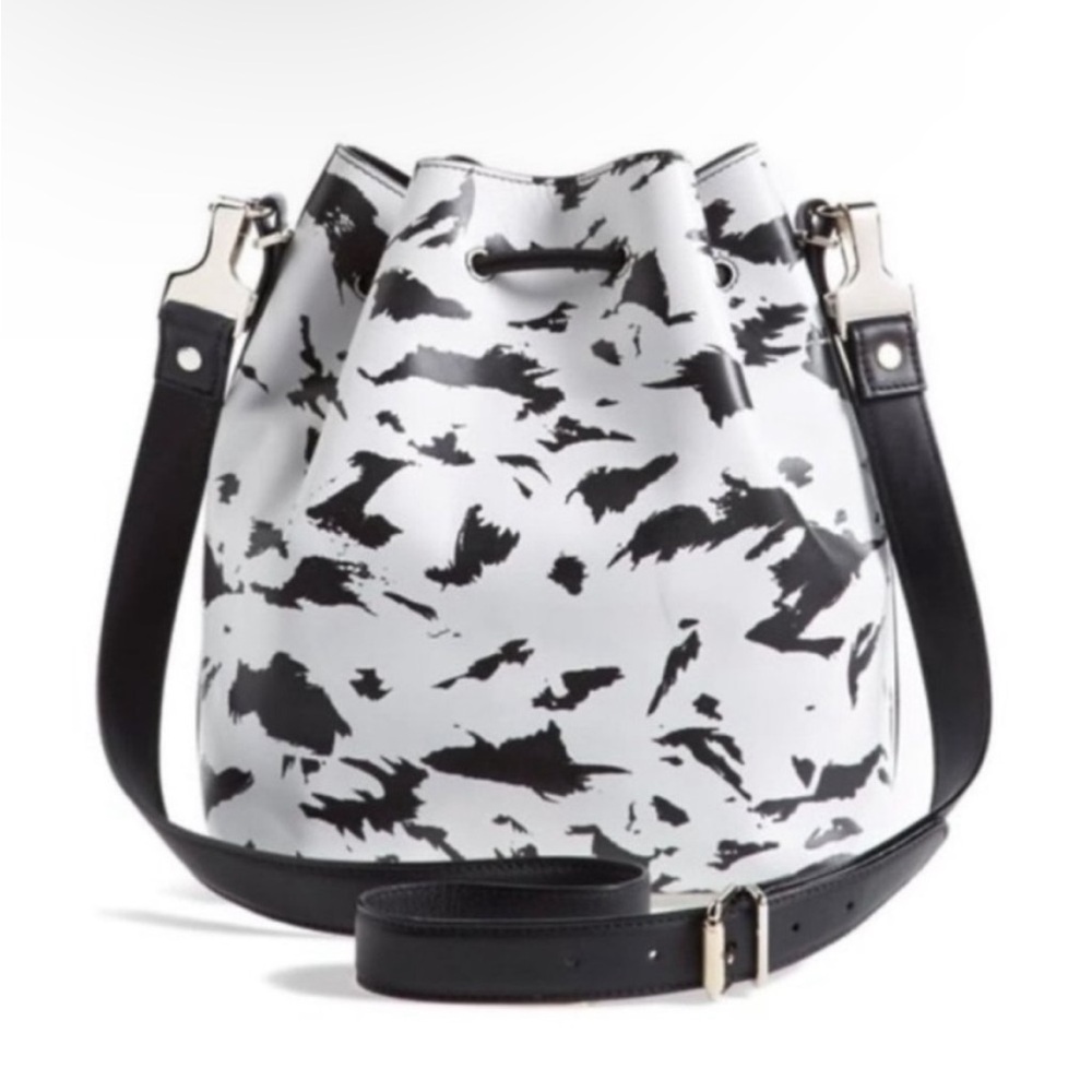 PROENZA SCHOULER Feather Print Leather Bucket Bag Black White - Picture 2 of 11